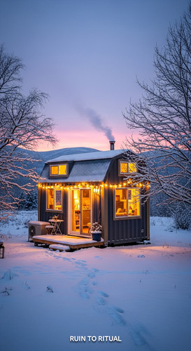 Beautiful container shed in snowy landscape cozy lighting.jpg