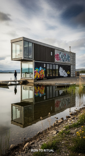 Modern container shed beside lake with reflections.jpg