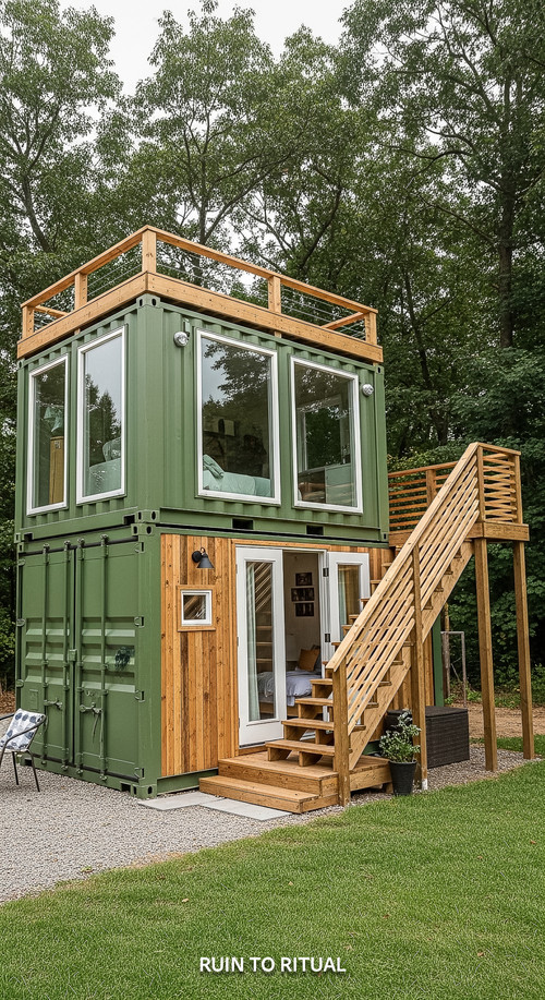 Vertical Pintereststyle image showing a container shed with rooftop deck and ecofriendly design Over.jpg