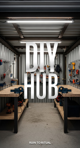 Vertical Pintereststyle image showing a container shed with workshop benches and steel beams Overlay.jpg