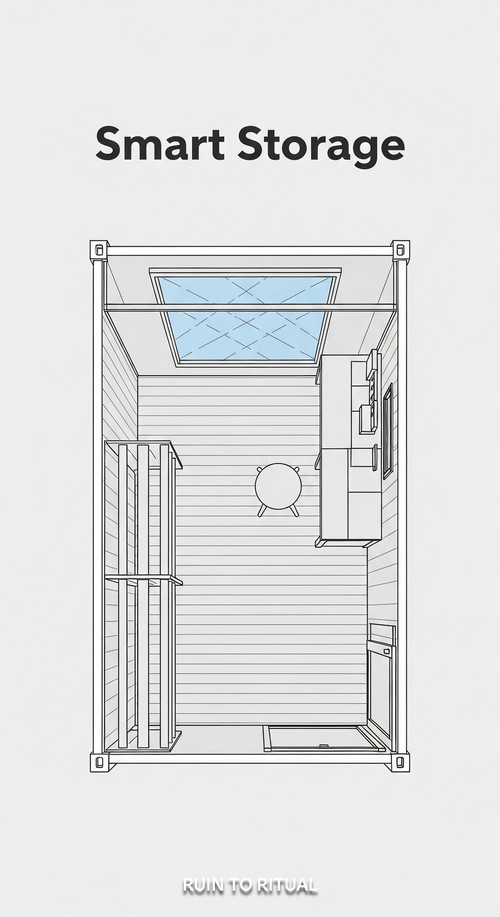 Vertical Pintereststyle image showing a minimalist container shed blueprint with skylight and compac.jpg