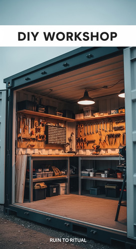 Vertical Pintereststyle image showing a compact container shed designed as a DIY workshop with tool .jpg