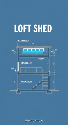 Vertical Pintereststyle image showing a container shed blueprint with mezzanine loft and skylight Ov.jpg