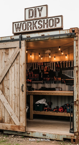 Vertical Pintereststyle image showing a rustic container shed designed as a DIY workshop with tool r.jpg