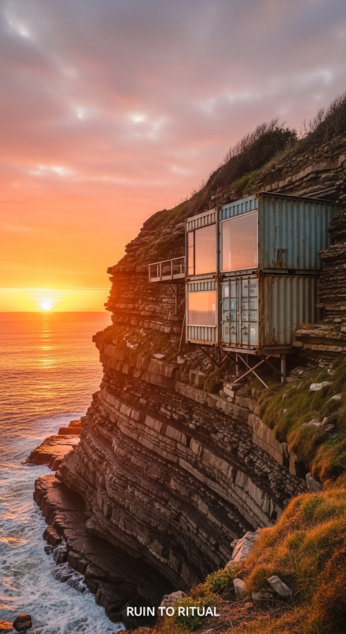 Vertical Pintereststyle image showing a container shed in coastal cliff with cinematic sunrise No te.jpg