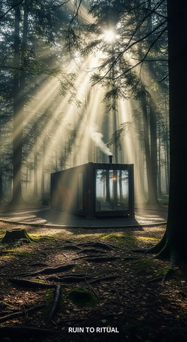 Vertical Pintereststyle image showing a container shed in forest clearing with cinematic atmosphere .jpg