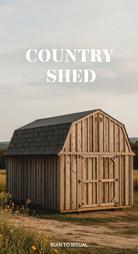 Vertical Pintereststyle image showing a rustic container shed with barnstyle roof and timber siding .jpg