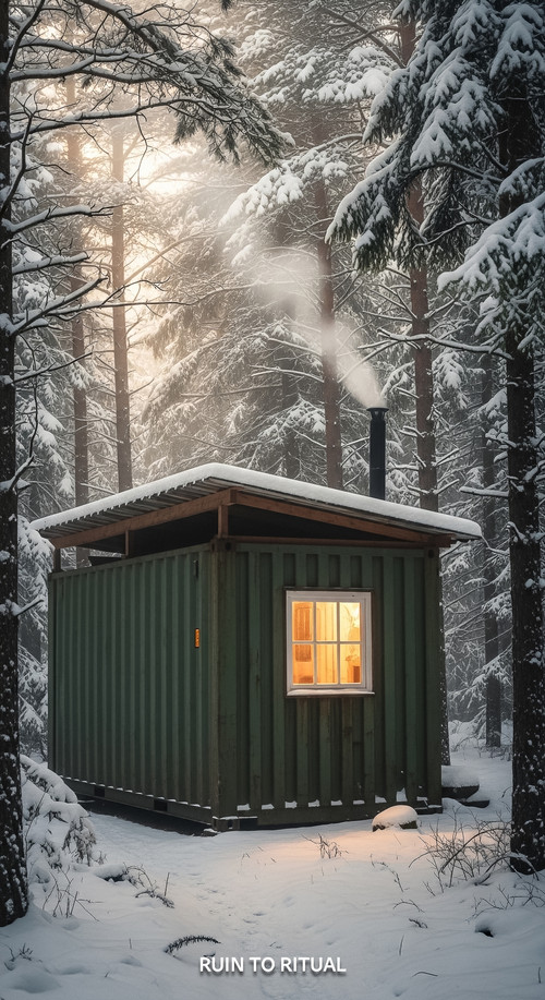 Vertical Pintereststyle image showing a container shed in snowy forest with cinematic cozy lighting .jpg