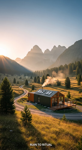 Vertical Pintereststyle image showing a beautiful container shed in mountain valley with soft sunris.jpg