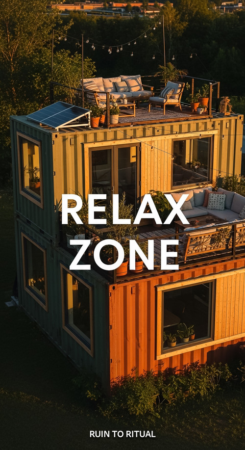 Vertical Pintereststyle image showing a container shed with rooftop deck and ecofriendly design Over.jpg