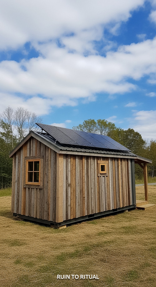 Vertical Pintereststyle image showing a container shed with solar panels and rustic timber siding Ov.jpg