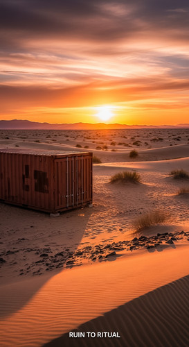 Vertical Pintereststyle image showing a container shed in desert landscape with cinematic sunset No .jpg