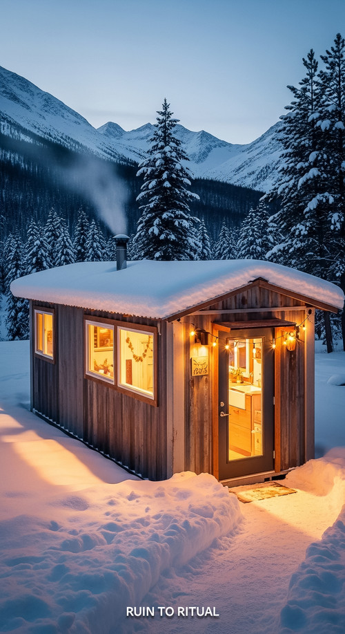 Vertical Pintereststyle image showing a container shed in snowy mountains with cozy lighting No text.jpg