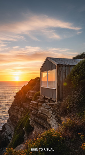 Vertical Pintereststyle image showing a container shed in coastal cliff with cinematic sunrise No te.jpg