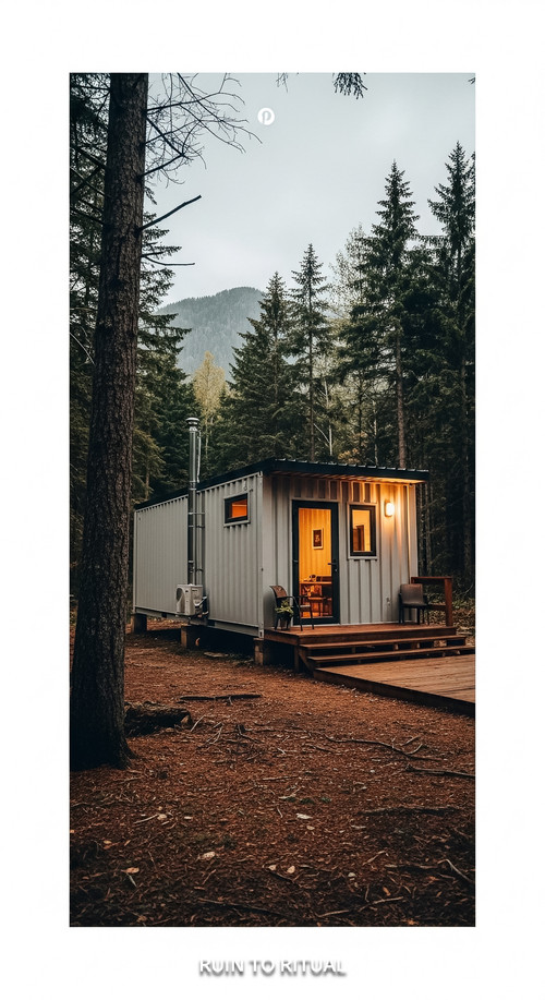Vertical Pintereststyle image showing a container shed in forest retreat with cinematic atmosphere N.jpg