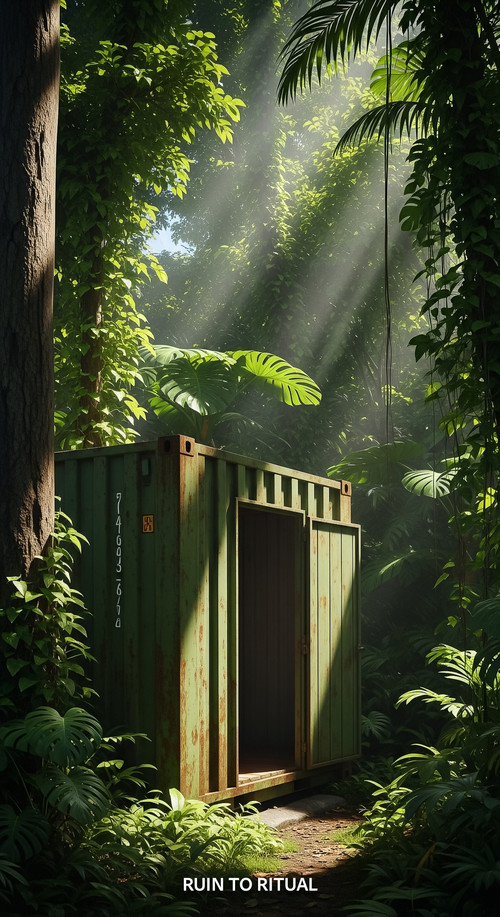Vertical Pintereststyle image showing a container shed in tropical forest with cinematic daylight No.jpg