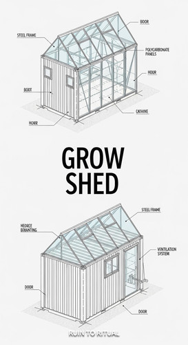 Vertical Pintereststyle image showing a container shed blueprint with greenhouse roof Overlay text r.jpg