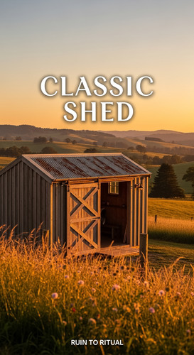 Vertical Pintereststyle image showing a rustic container shed with barn doors Overlay text reads Cla.jpg