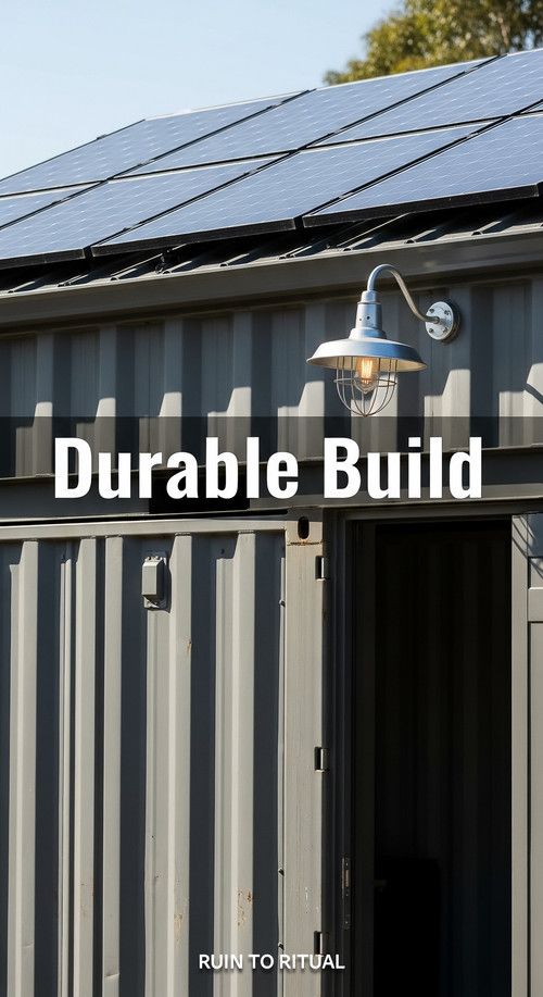 Vertical Pintereststyle image showing a container shed with corrugated steel siding and solar roof O.jpg