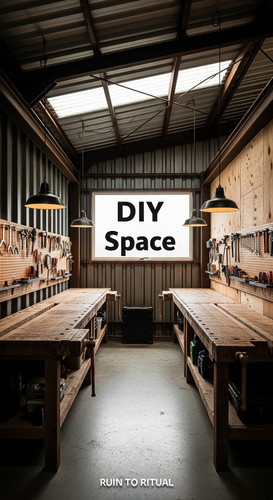 Vertical Pintereststyle image showing a container shed with workshop benches and steel beams Overlay.jpg