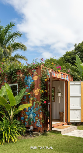 Vertical Pintereststyle image showing a container shed in tropical garden with cinematic daylight No.jpg