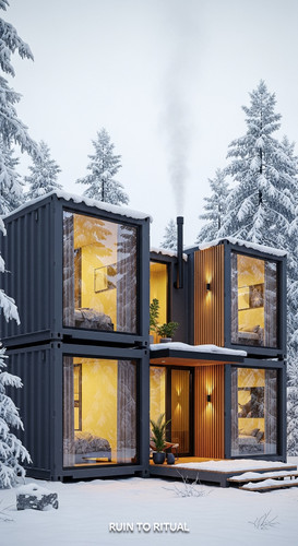 Modern container shed in snowy forest cozy look.jpg