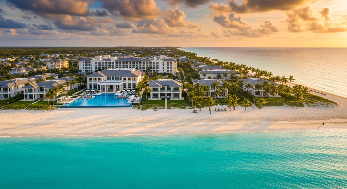 Luxury beachfront resort at sunset