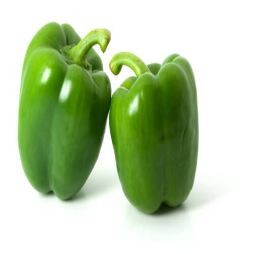 Two green bell peppers isolated on a plain white background, with shadows underneath..jpg