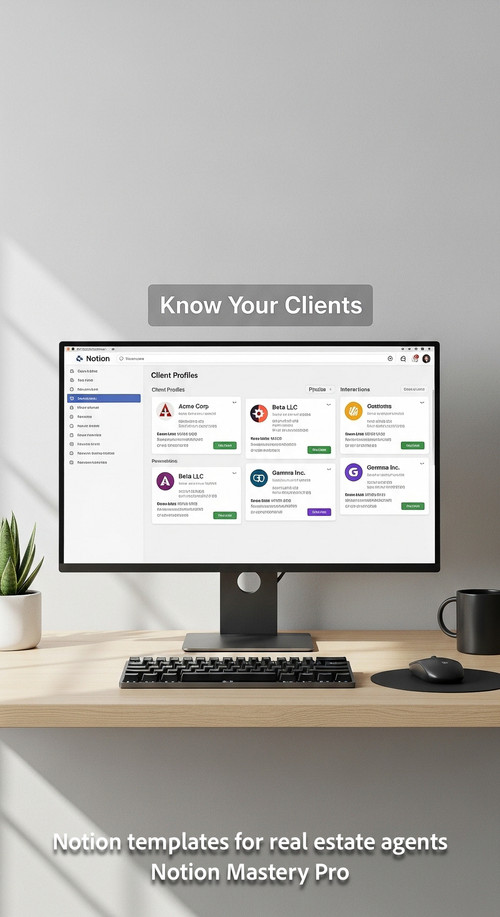 Minimalist workspace with a single large monitor displaying a structured Notion CRM with client prof.jpg