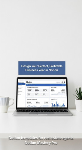 Minimalist workspace with a clean blue and white aesthetic screen showing a comprehensive Realtor bu.jpg