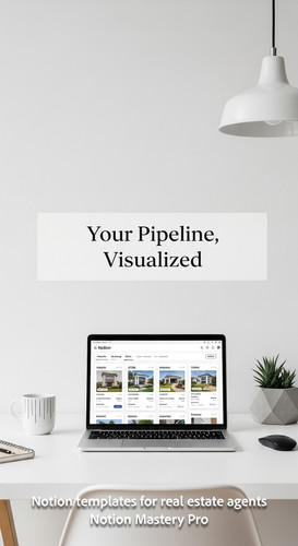Minimalist workspace with a white desk and a laptop showing a Notion property pipeline Overlay Your .jpg