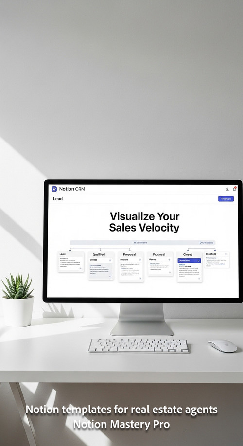 Minimalist workspace with a white desk and a large monitor showing a Notion CRM pipeline Overlay Vis.jpg