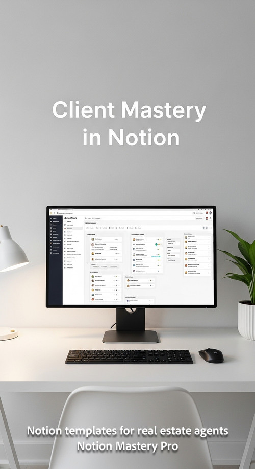 Minimalist workspace with a white desk and a large monitor showing a Notion client CRM Overlay Clien.jpg
