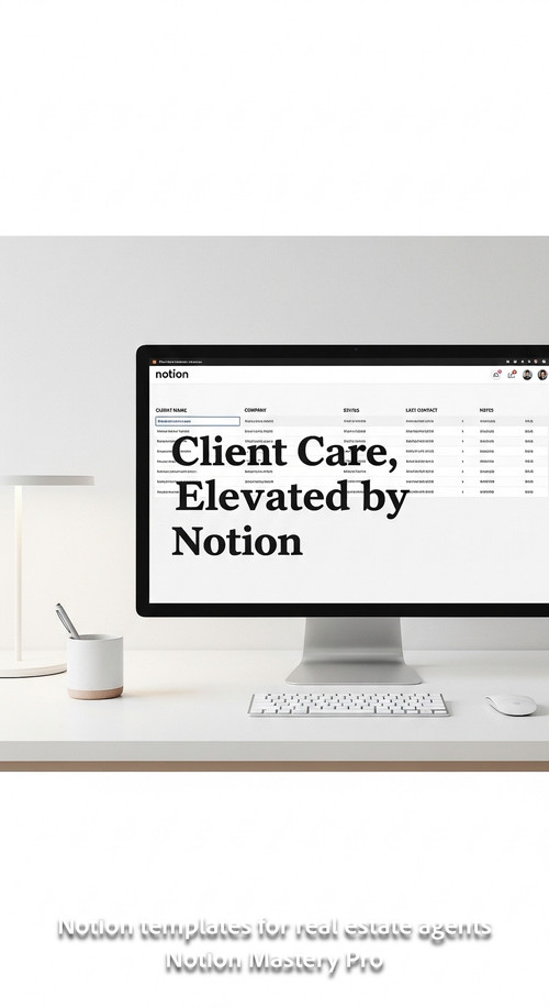 Minimalist workspace with a white desk and a large monitor showing a Notion client CRM Overlay Clien.jpg