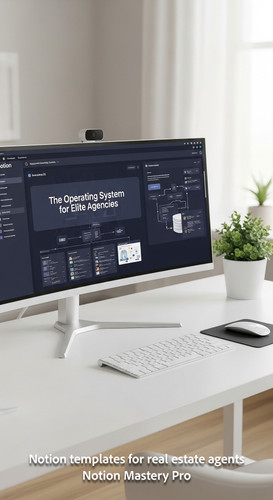 Minimalist workspace with a white desk and a large curved monitor showing a full Notion agency OS Ov.jpg