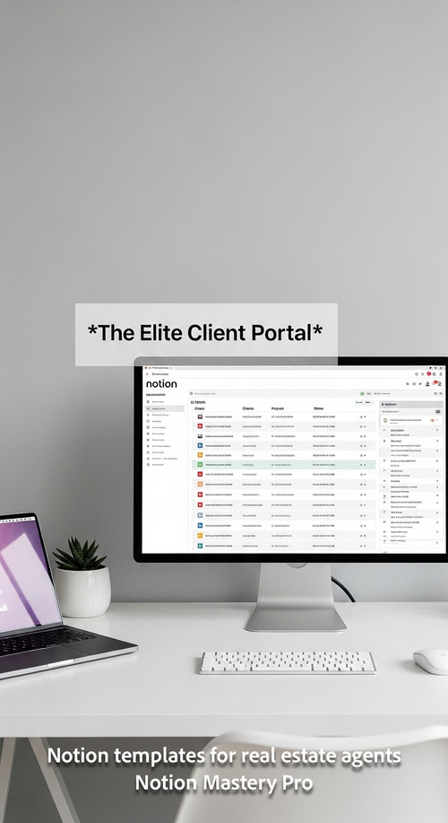 Minimalist workspace with a white desk and a large monitor showing a Notion client CRM Overlay The E.jpg