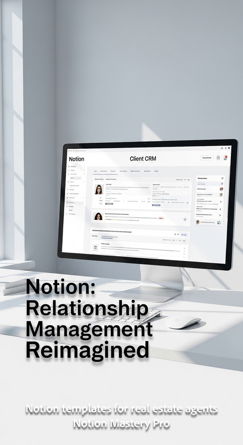 Minimalist workspace with a white desk and a large monitor showing a Notion client CRM Overlay Notio.jpg