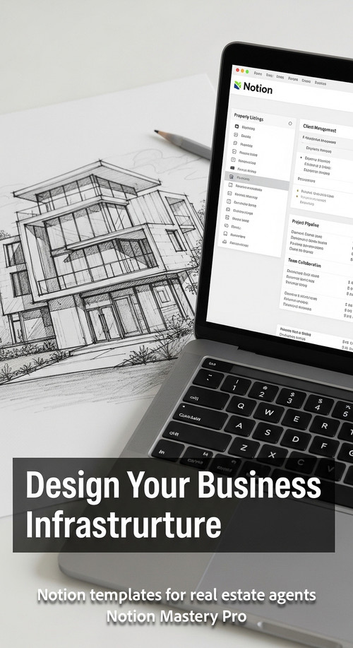 Modern architectural sketch next to a MacBook running a Notion template for real estate Overlay Desi.jpg