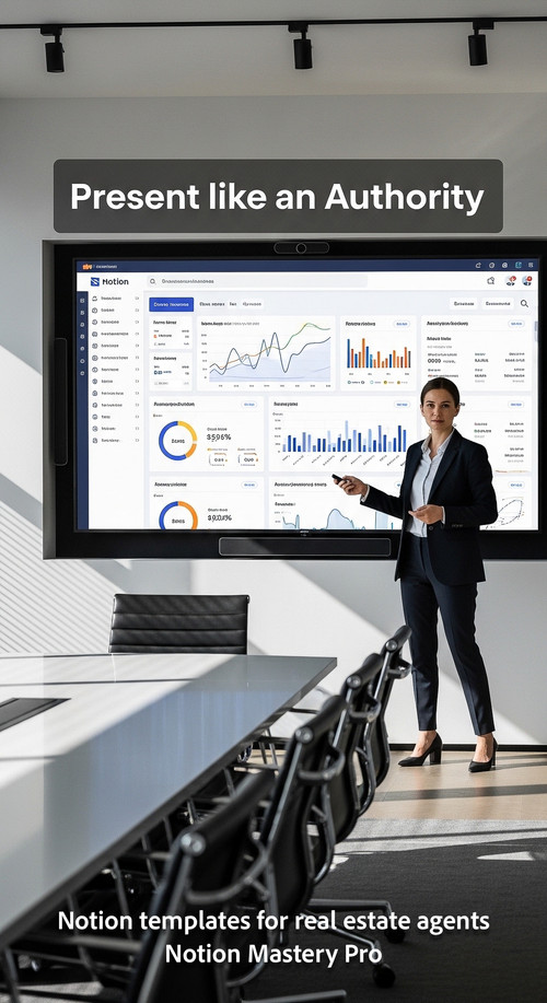 Person confidently presenting a clean Notion dashboard showing market trends on a large screen in a .jpg