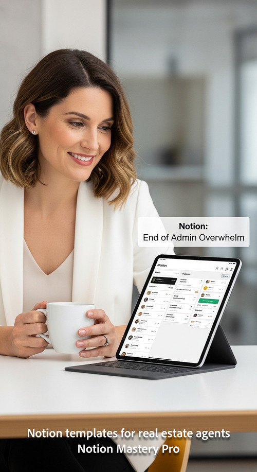 Woman in a white blazer smiling holding a coffee looking at a clean tablet showing a Notion dashboar.jpg