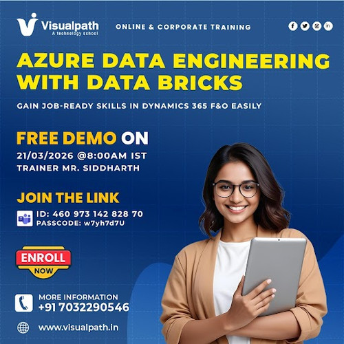 Launch Your Cloud Data Career with Visualpath’s New Azure data engineering with data bricks DEMO!
DOMO Information:
Trainer: Mr. Siddharth
Start Date: 21st  March 2026  Time: 8:00 AM IST
Join Link: https://teams.microsoft.com/meet/46097314282870?p=L1SSox7rfSwgER3NL8    
Meeting ID: 460 973 142 828 70
Passcode: w7yh7d7U
Who Should Enroll?
Aspiring Data Engineers & Data Analysts
SQL and ETL Developers shifting to cloud platforms
BI Professionals & Cloud Engineers looking to upskill
Reserve Your FREE Seat Today – Limited Slots Available!
Call/WhatsApp: +91-7032290546
Course Info: https://www.visualpath.in/online-azure-data-engineer-course.html