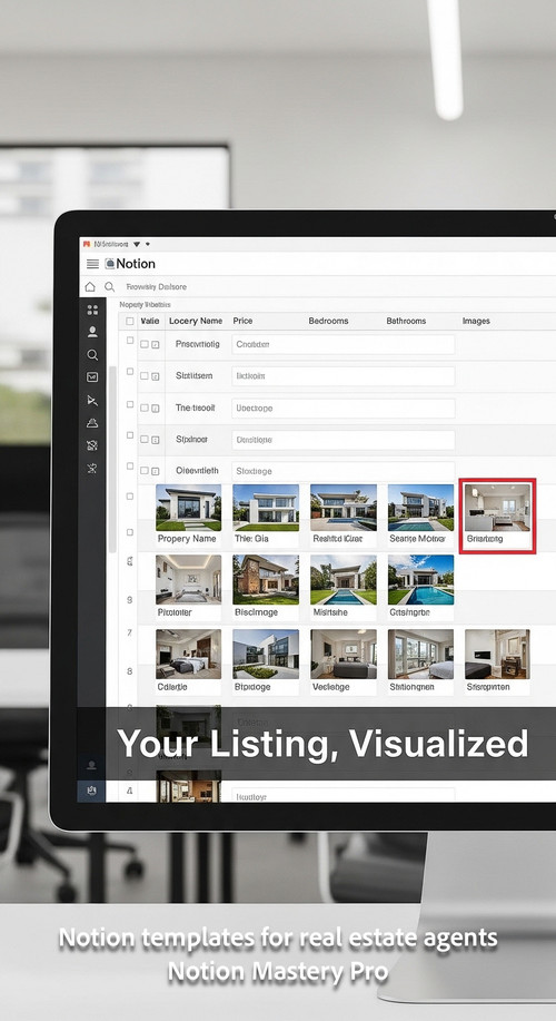 A large clear monitor displaying a structured Notion database with property details and photos Overl.jpg