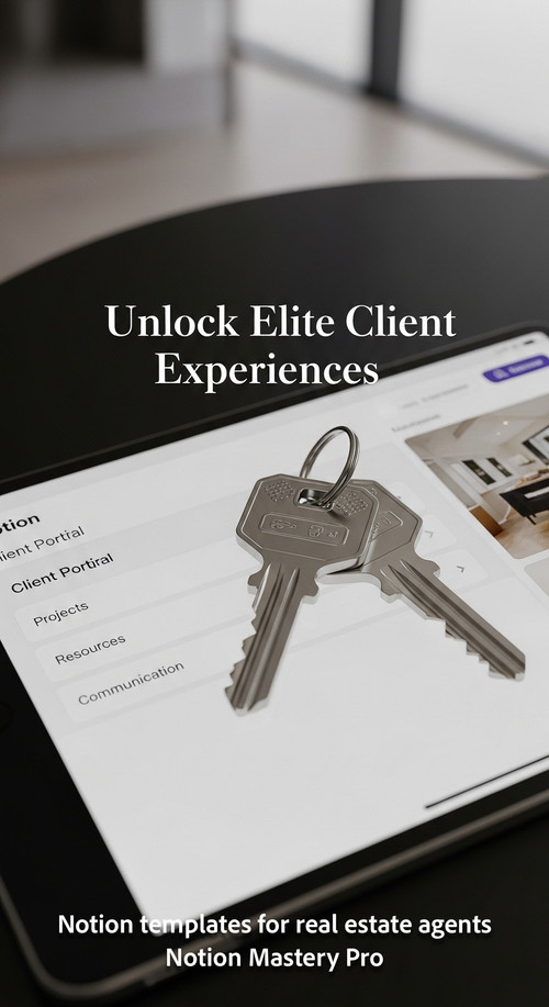 A pair of luxury house keys sitting on a tablet screen that displays a Notion client portal Overlay .jpg