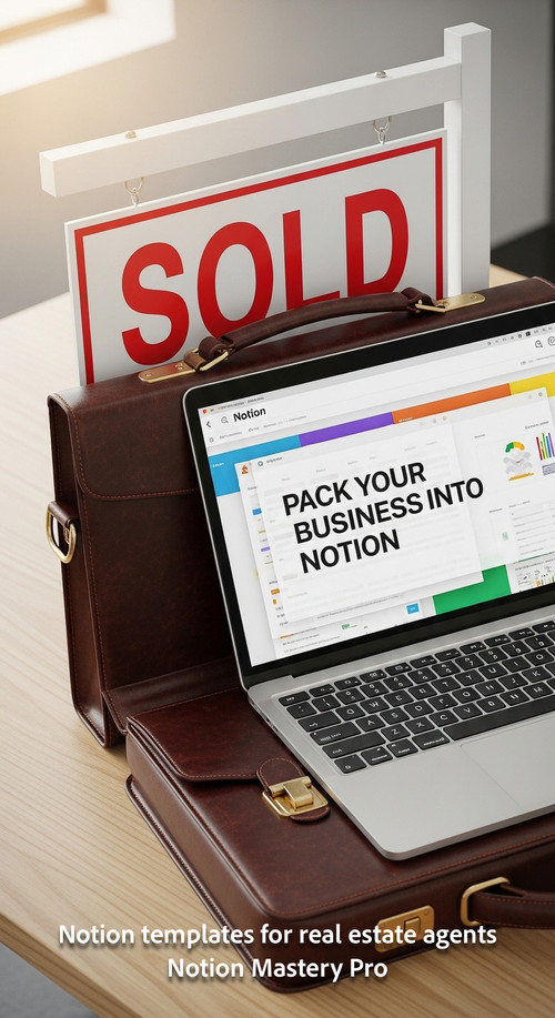 A Sold sign leaning against a designer briefcase with a laptop running a Notion template Overlay Pac.jpg