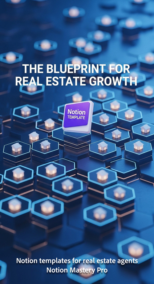 Abstract 3D hexagonal grid with house symbols and a central Notion template icon Overlay The Bluepri.jpg