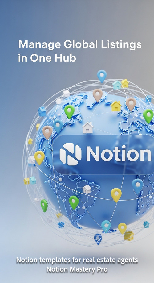 Abstract 3D icon of a globe with house pins and a central Notion logo Overlay Manage Global Listings.jpg