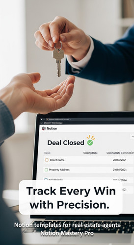 Blurred image of a realtor handing over keys foreground laptop with a Notion Deal Closed screen Over.jpg