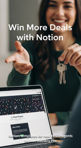 Blurred image of a realtor handing over keys foreground laptop with a Notion Deal Closed screen Over.jpg