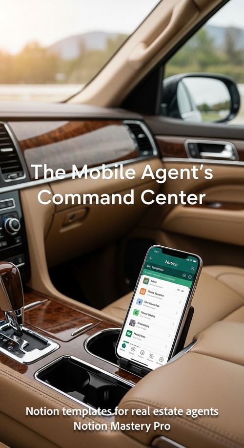 Blurred image of a luxury SUV interior smartphone in the dock showing a Notion schedule Overlay The .jpg