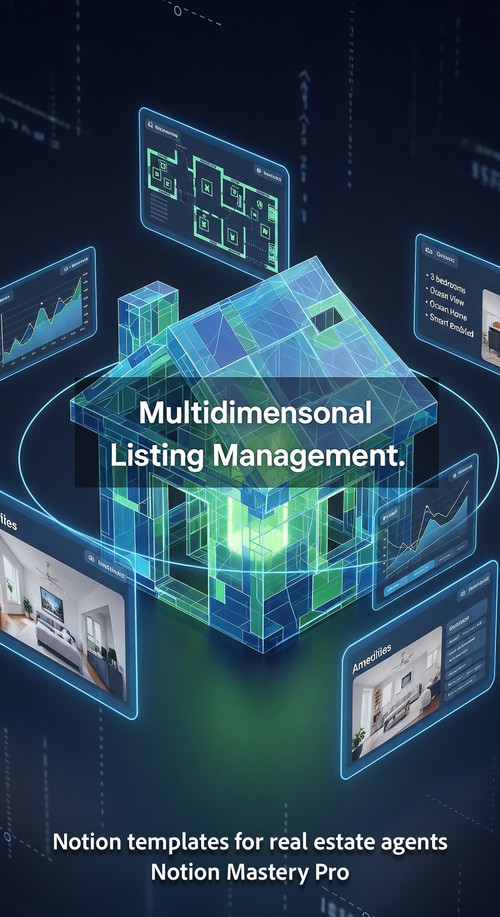 Abstract 3D render of a house icon with multiple digital screens floating around it displaying diffe.jpg